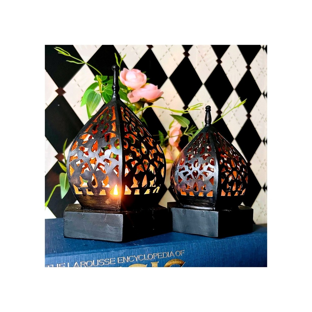 Moroccan Lantern Candleholders Blackā Pierced Metal Decor Pair